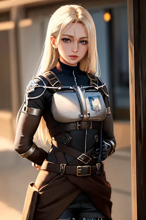 (masterpiece, best quality:1.2), solo, 1girl, slight smile, looking at viewer, long hair, white hair, blue eyes, blksurvcorp, breastplate, emblem, belt <lora:attire_blacksurvcorp-10:1>