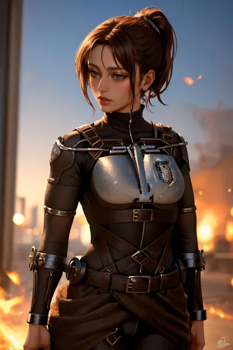 (masterpiece, best quality:1.2), solo, 1girl, expressionless, looking at viewer, brown hair, ponytail, brown eyes, blksurvcorp, breastplate, belt <lora:attire_blacksurvcorp-10:1>