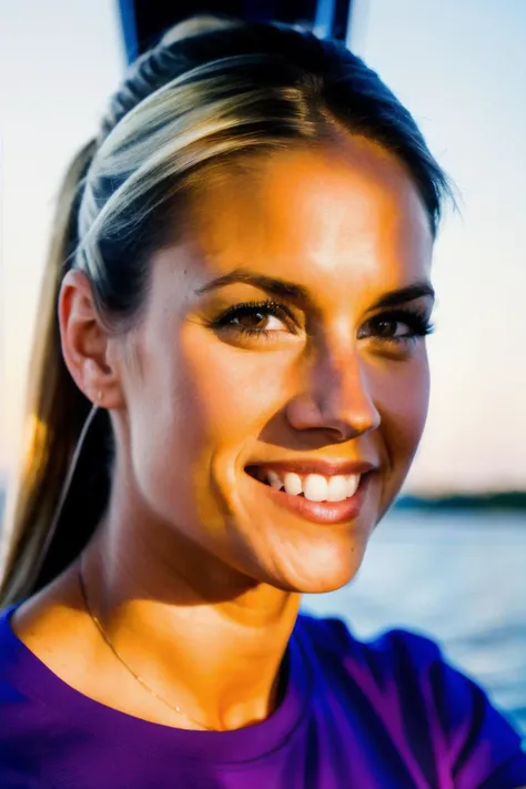 RAW, real photo portrait, msp, on a boat, (wearing a purple t-shirt), pretty face, insanely detailed eyes, light blonde hair, high ponytail, bokeh, natural light, depth of field, golden hour, sharp focus, <lyco:MissyPeregrym-RealVision-V1.0:1.0>