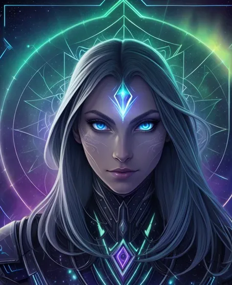 (inked original-art:1.2), (lineart:1.31), (fine-details:1.3), RAW-format, (movement:1.4), 1 girl, adult (elven:0.7) woman, blue eyes, black prom hairstyle, solo, half shot, looking at viewer, detailed background, detailed face, (<lora:TerranAIv2:0.5>, TerranAI, starcraft theme:1.1) (glowing eyes:1.05), living star constellation, star sign, horoscope, at peace, benign, aries, esoteric geometric patterns, interstellar power, stars, bright light green lights, glow, metaphysics, enlightenment, floating particles, cosmic dust, cosmic space background, dreamlike ethereal atmosphere,