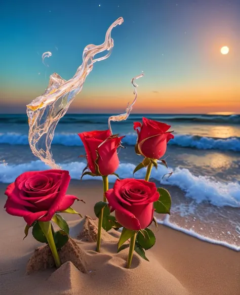Splash water, long roses, crystal, on the beach, fantasy, sky night , moon, smoke , photo, HD, 8K , realistic, HD, intricate, 8k, highly detailed,fun, sharp focus,