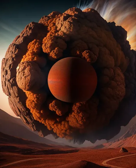 masterpiece, octane render, photorealistic, uhd, hdr, 8k, dslr, 30mm, Fujifilm XT3, film grain, RAW digital landscape photo of an exploding (emb-nuke2:1.2) (smoke planet:1.3), ultra detailed, sharp focus, hard shadows, bloom, volumetric lighting, trending on artstation