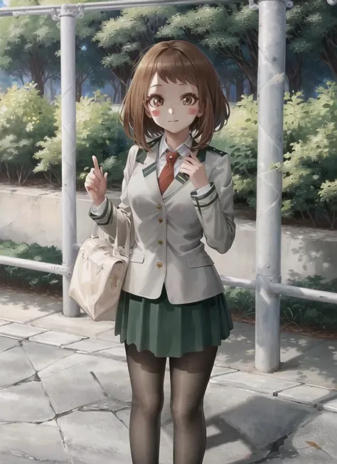 ((best quality)), ((highly detailed)), masterpiece, ((official art)), detailed face, beautiful face, (detailed eyes, deep eyes), (1girl), full body, standing, <lora:ochakoUrarakaLora_v10:1>, uraraka ochako, short hair, brown hair, brown eyes, blush stickers, u.a. school uniform, school uniform, pantyhose