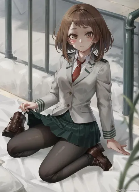 ((best quality)), ((highly detailed)), masterpiece, ((official art)), extremely detailed face, beautiful face, (detailed eyes, deep eyes), (1girl), full body, <lora:ochakoUrarakaLora_v10:1>, uraraka ochako, short hair, brown hair, brown eyes, blush stickers, u.a. school uniform, school uniform, pantyhose