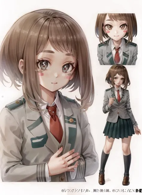 ((best quality)), ((highly detailed)), masterpiece, ((official art)), detailed face, beautiful face, (detailed eyes, deep eyes), (1girl), full body, <lora:ochakoUrarakaLora_v10:1>, uraraka ochako, short hair, brown hair, brown eyes, blush stickers, u.a. school uniform, school uniform