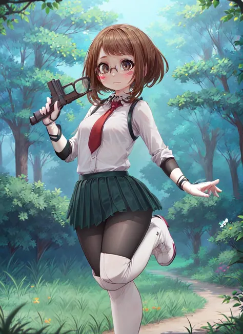 ((best quality)), ((highly detailed)), masterpiece, absurdres, (detailed eyes, deep eyes), (1girl), (glasses), dynamic pose, full body, <lora:hairdetailer:1>, <lora:ochakoUrarakaLora_v10:1>, uraraka ochako, short hair, brown hair, brown eyes, blush stickers, (in a forest, forest canopy, evening, night sky, stars, moonbeam, shooting star), <lora:kionant_style:1>, kionant