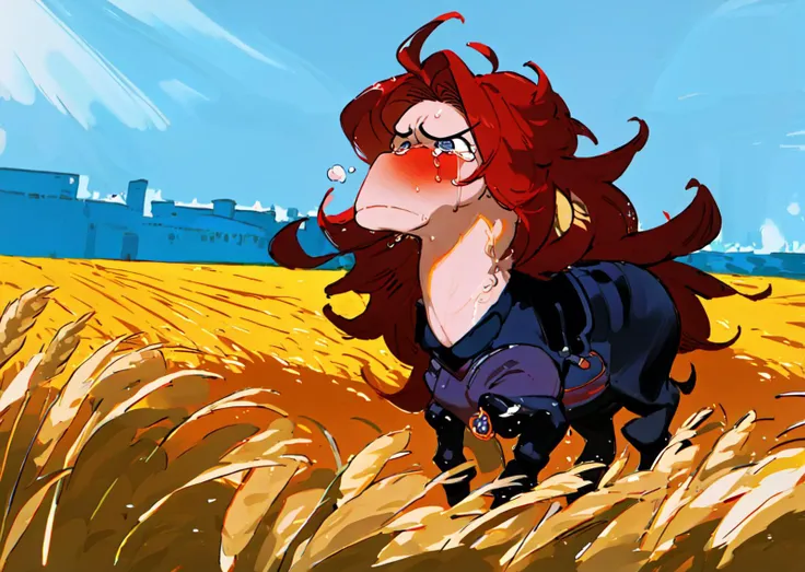 masterpiece, best quality, horse, long hair, breasts, Girlfriend, Beautiful Art Style, 1girl, woman, crying, pain, grumpy, field of wheat,   <lora:Girlfriendfnf:0.8>  <lora:Stallion:1.2>