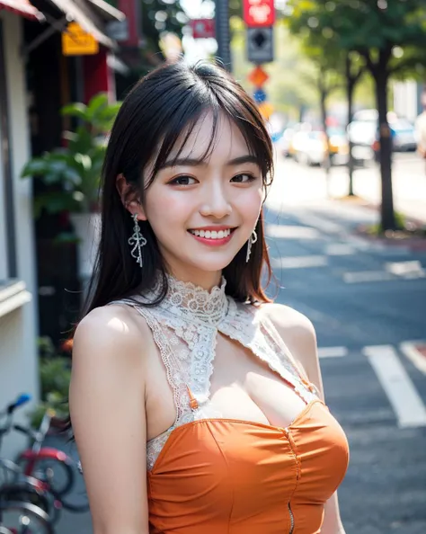 a woman posing on the street corner with orange dress on, best quality, high res, 8k, 1girl, (huge breasts), day, bright, outdoor, (street:0.8), (people, crowds:1), (lace-trimmed dress:1.5, orange clothes:1.5, orange high-neck dress:1.5, sleeveless dress, orange dress: 1.5), gorgeous, medium hair, beautiful detailed sky, beautiful earrings, (dynamic pose:0.8), (upper body:1.2), soft lighting, wind, shiny skin, looking at viewer, smile, open mouth, teeth, eyes half closed, <lora:TokuGirl_Runa_T_v1.1:0.65>