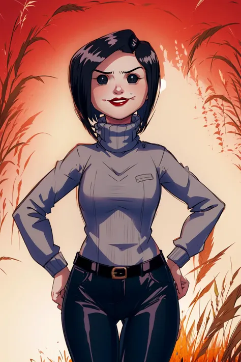 <lyco:OtherMother:1.0>, othermotherv1, beldambuttoned eyes, solo, cowboy shot, black pants, gray turtleneck sweater, red lips, cornfield background, dark, evening, volumetric lighting, hands on hips, smirk, smug
