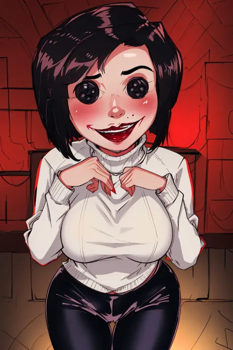 <lyco:OtherMother:1.0>, othermotherv1, beldambuttoned eyes, solo, cowboy shot, black pants, gray turtleneck sweater, red lips, volumetric lighting, shirt lift, leaning forward, bent over, from below, smile, blush, horror background, large breasts