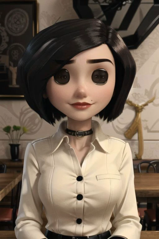 thermotherv1, (beldambuttoned eyes:1.2), dinning room background, <lora:OtherMother:1>
