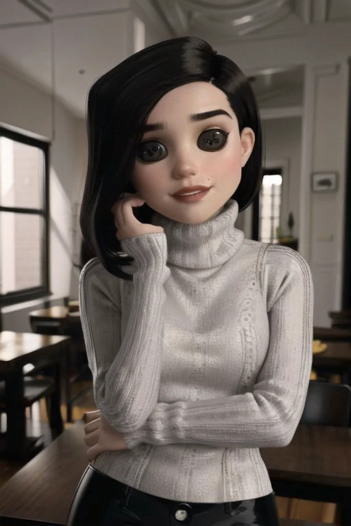 thermotherv1, (beldambuttoned eyes:1.2), black pants, grey turtleneck sweater, arms behind head, dinning room background, <lora:OtherMother:1>