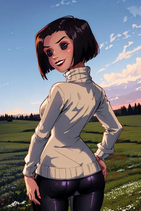 <lyco:OtherMother:1.0>, othermotherv1, beldambuttoned eyes, solo, cowboy shot, black pants, gray turtleneck sweater, red lips, meadow background, dark, evening, volumetric lighting, hands on hips, smirk, smug, from behind, looking back