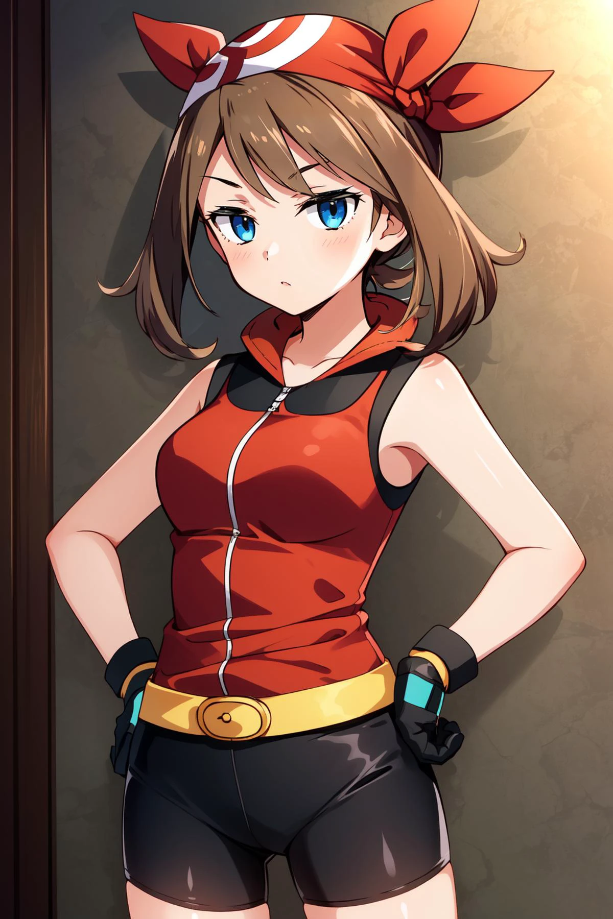 (masterpiece, best quality), intricate details,
1girl, <lora:May-10:0.8> may, shirt, bike shorts, bandana, red shirt, hairband, medium hair, gloves, shorts, bow hairband, sleeveless, red bandana
<lora:worriedeyes_v100:0.8> hands on hips,