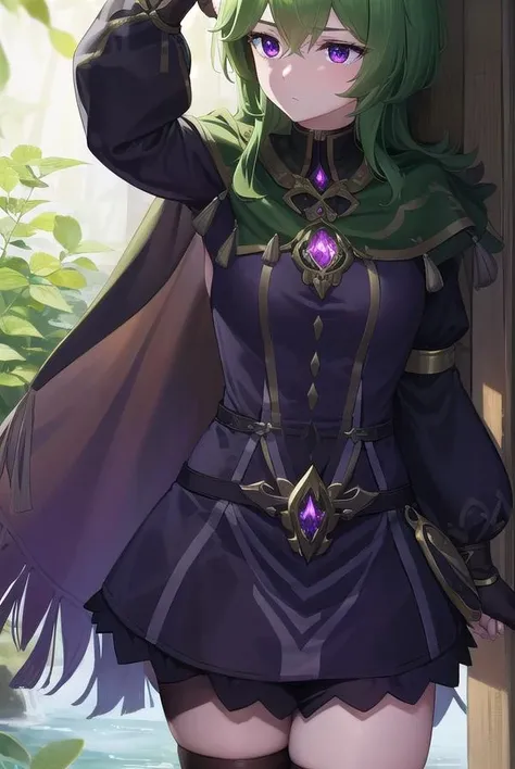 collei, <lora:collei-lora-nochekaiser:1>,
collei, crossed bangs, green hair, hair ornament, medium hair, (purple eyes:1.1), sidelocks, <lora:worriedeyes_v100:1>,
BREAK black gloves, black skirt, black straps, bridal gauntlets, brown thighhighs, capelet, detached sleeves, gem, gloves, green capelet, green gemstone, jewelry, long sleeves, puffy long sleeves, puffy sleeves, shirt, skirt, sleeveless, sleeveless shirt, thighhighs, zettai ryouiki
BREAK outdoors, nature, forest,
BREAK looking at viewer, (cowboy shot:1.5),
BREAK <lyco:GoodHands-beta2:1>, (masterpiece:1.2), best quality, high resolution, unity 8k wallpaper, (illustration:0.8), (beautiful detailed eyes:1.6), extremely detailed face, perfect lighting, extremely detailed CG, (perfect hands, perfect anatomy),