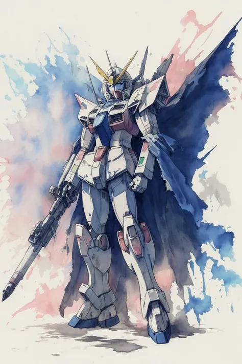 epic, gundam, flying, pastel colours, ink blot , water colour, wrapped in a tattered cloak, atmospheric detail,