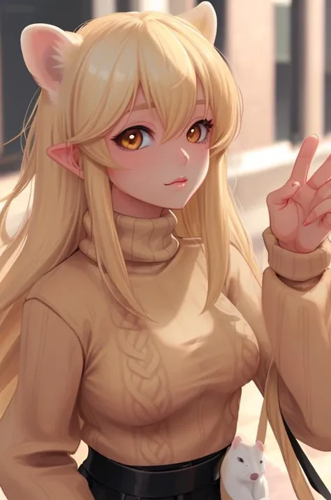 ferret woman, ferret ears, blonde, gyaru, turtleneck sweater, tan,