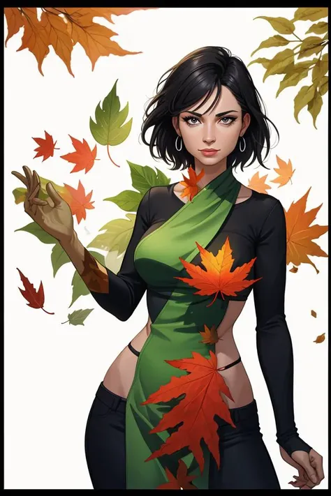 superflat, flat colors, 1girl, 19yo, slim, (medium breast), short bob dark hair, (ornate green leaves kimono), topless, nipple, standing, shy, autumn leaves, yellow, golden, autumn forest, vibrant colors, psychedelic, vibrant, bright, watercolor