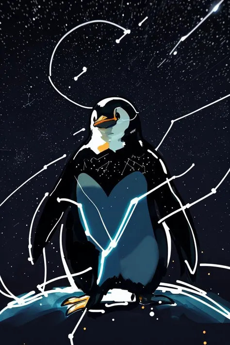 penguin AND constellation, figure outline, glowing lines, close-up,