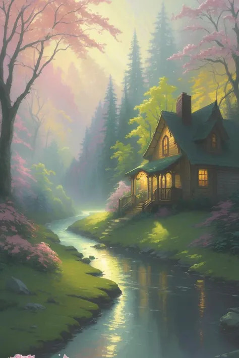 a painting of a river running through a forest, a detailed painting, by Thomas Kinkade, fantasy art, colorful house, iphone wallpaper, spring evening, colorful photograph