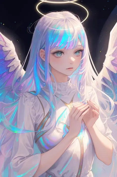 woman, wings, halo, iridescent holofoil, long hair, iridescent holofoil,