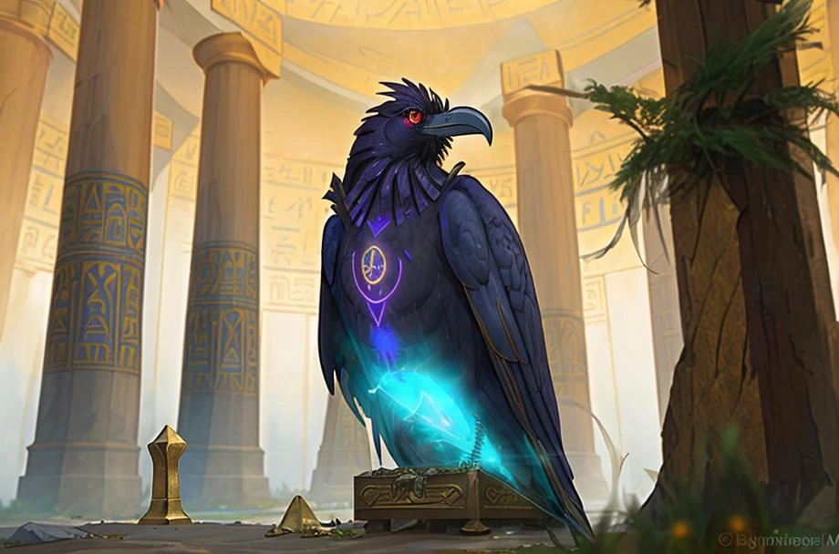 glowing engraved obelisk, gold, teal, ancient underground egyptian temple, science fiction, hdr, chromatic aberration, negative space AND raven, fog,