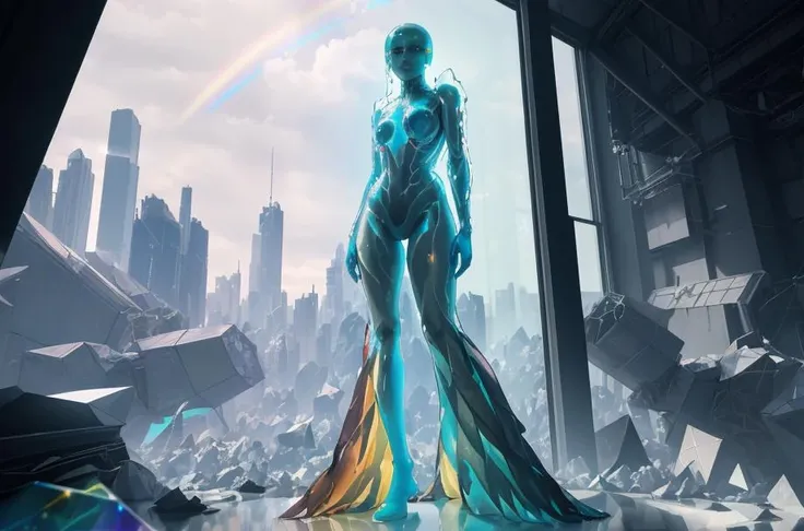 a photo of 8k ultra realistic corrupted rainbow transparent glass humanoid queen standing next to a spaceship window overlooking earth, swarm of transparent glass shards, cinematic lighting, trending on artstation, 4k, hyperrealistic, focused, extreme details, unreal engine 5, cinematic, masterpiece