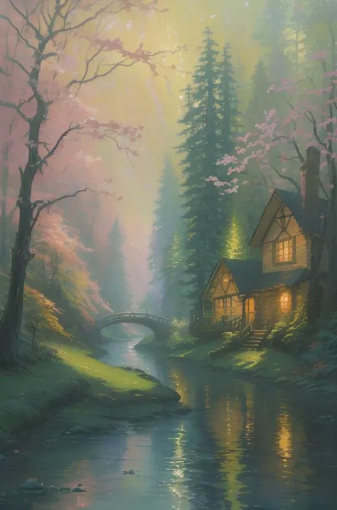 a painting of a river running through a forest, a detailed painting, by Thomas Kinkade, fantasy art, colorful house, iphone wallpaper, spring evening, colorful photograph