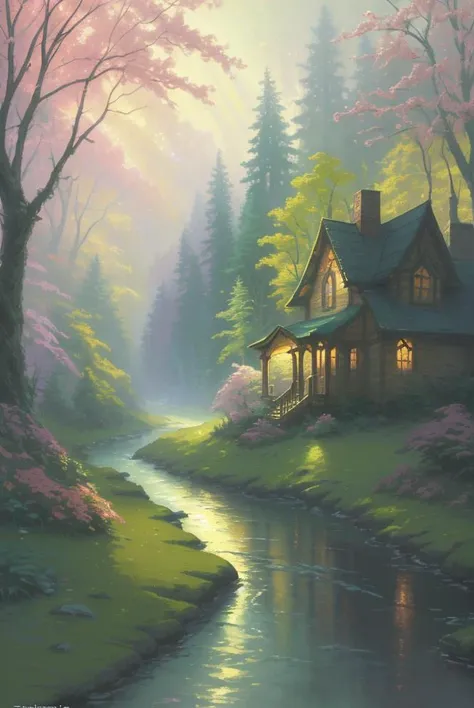 a painting of a river running through a forest, a detailed painting, by Thomas Kinkade, fantasy art, colorful house, iphone wallpaper, spring evening, colorful photograph