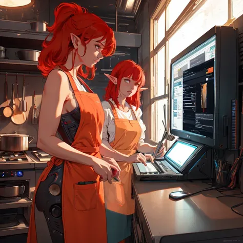 masterpiece, best quality, mature female, (red hair), redhead elves, orange aprons, cooking, futuristic, high tech, kitchen, white and orange main color, scifi , LCD screens, computer screens, white room, 2girls, 
<lora:CyberPunkAI:0.7>