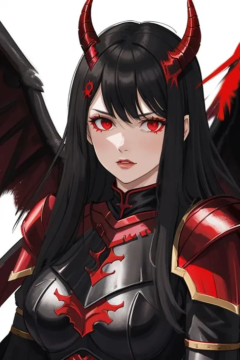 woman, black wings, horns, red armour,