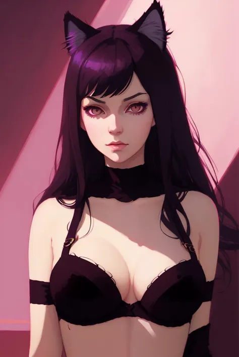 woman, velvet bra, cat ears, art by ilya kuvshinov and Anton Otto and Anna Dittmann and Marc Simonetti,