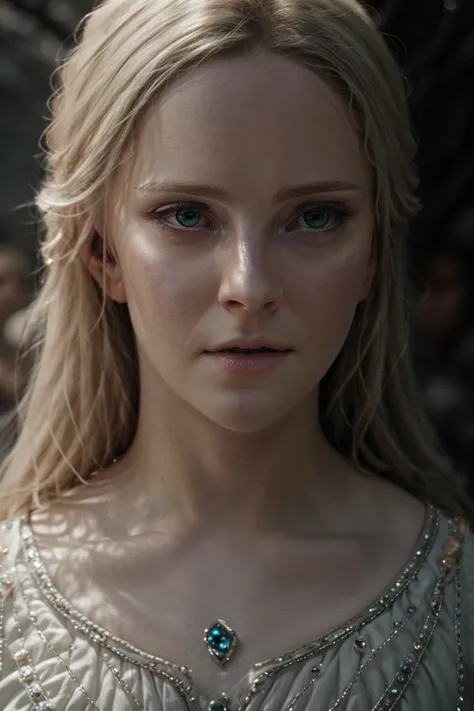 (detailed face, detailed eyes, clear skin, clear eyes), galadriel, lotr, fantasy, elf, female, full body, looking at viewer, portrait, photography, detailed skin, realistic, photo-realistic, 8k, highly detailed, full length frame, High detail RAW color art, diffused soft lighting, shallow depth of field, sharp focus, hyperrealism, cinematic lighting <lora:YoungGaladriel:1>