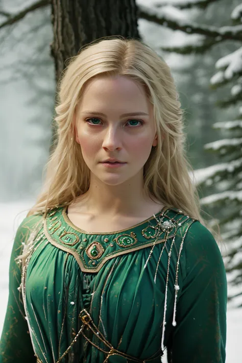 portrait painting of 1girl, galadriel, elf, blonde hair, blue eyes, green dress,detailed skin, fantasy, snowy nordic forest, modelshoot style, (extremely detailed CG), photo of beautiful artwork, (Antonio Moro), (Jeremy Mann), High Detail, Sharp focus, dramatic, oil painting, realistic <lora:YoungGaladriel:1>