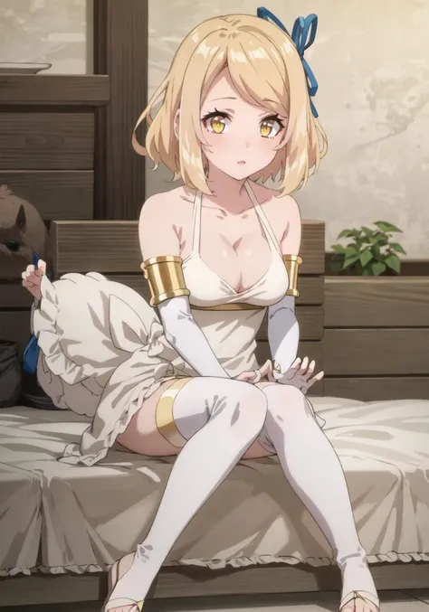 masterpiece, best quality, 1 girl, medium breasts, bed, <lora:tiaIsekaiNonbiri_v10:0.8>, tia, blonde hair, cleavage, white dress, bridal gauntlets, thighhighs, yellow eyes, short hair, bare shoulders, sleeveless dress, ribbon, toeless legwear, elbow gloves, hair ribbon, collarbone, blue ribbon, bangs