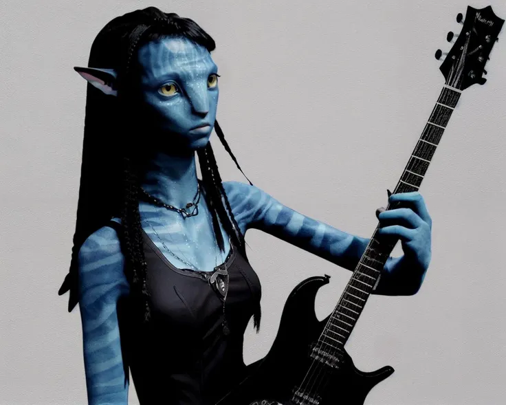(Avatar style), woman, black dress, gothic, emo, holding a guitar