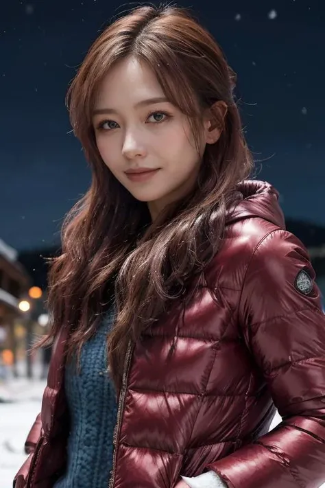 mature body, masterpiece, best quality, ultra-detailed, ultra high res, (photorealistic:1.4), raw photo, (realistic:0.2), CG, {4k|8k} HDR, perfect lighting, 1girl, solo, looking at viewer, (winter clothes, padded jacket), outdoor, (snow, snowflakes), night, aurora sky, upper body, asymmetrical wavy long hair, (detailed oily skin, medium breasts:1), (detailed background :1.1), hands in pocket,
