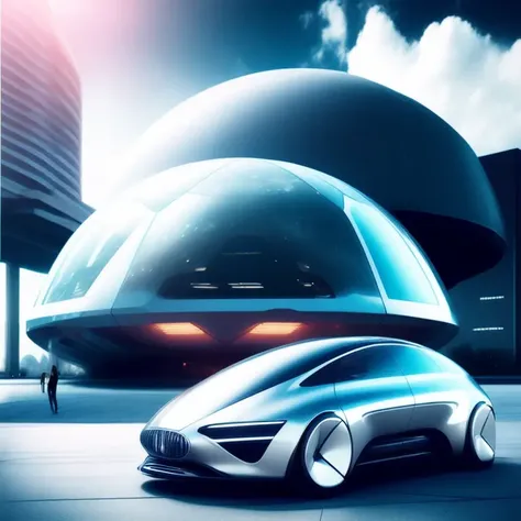 photo, a futuristic Dome with a car parked in front (ModernFutures style:1) <lora:djzModernFuturesV21:1>
