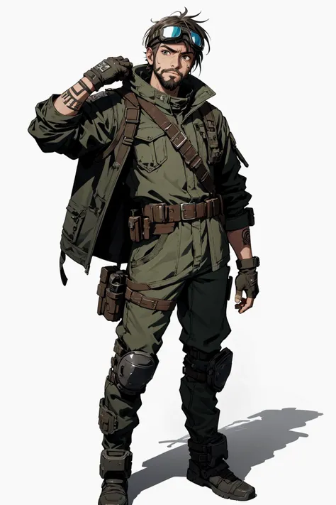 Post-apocalypse, doomsday wasteland style, concept art, figure painting, solo, 1boy, male focus, fingerless gloves, gloves, facial hair, goggles, white background, tattoo, goggles on head, belt, full body, armor, standing, simple background, skull, science fiction,