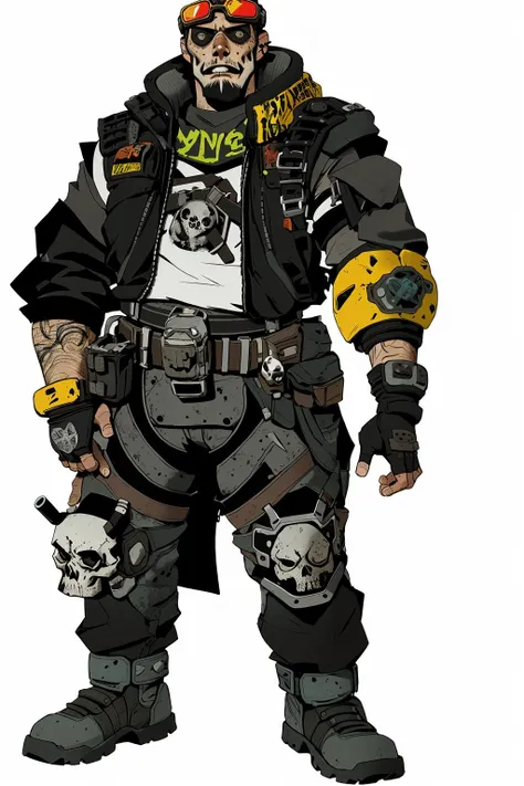 Post-apocalypse, doomsday wasteland style, concept art, figure painting, solo, 1boy, male focus, fingerless gloves, gloves, facial hair, goggles, white background, tattoo, goggles on head, belt, full body, armor, standing, simple background, skull, science fiction<lora:MORI:0.8>,