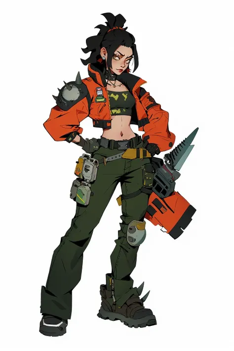 post-apocalypse, Doomsday wasteland style, concept art, character painting, 1girl, solo, white background, hand on hip, holding, gloves, pants, jacket, animification, standing, simple background, hair behind ear, full body, single glove, crop top, spikes, belt<lora:MORI:0.7>,