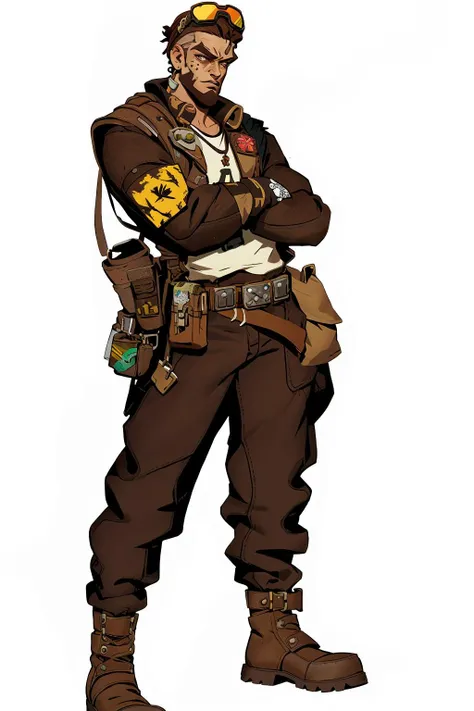 post-apocalypse, Doomsday wasteland style, concept art, character painting, solo, 1boy, male focus, goggles, crossed arms, white background, gloves, belt, simple background, standing, full body, pouch, boots, goggles on head, pants, earrings, looking at viewer, brown footwear, jewelry<lora:MORI:0.8>,