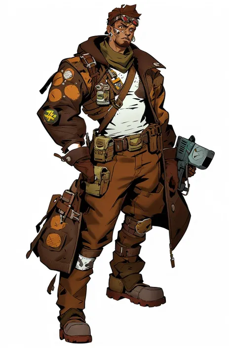 post-apocalypse, Doomsday wasteland style, concept art, character painting, solo, 1boy, male focus, goggles, crossed arms, white background, gloves, belt, simple background, standing, full body, pouch, boots, goggles on head, pants, earrings, looking at viewer, brown footwear, jewelry<lora:MORI:0.8>,