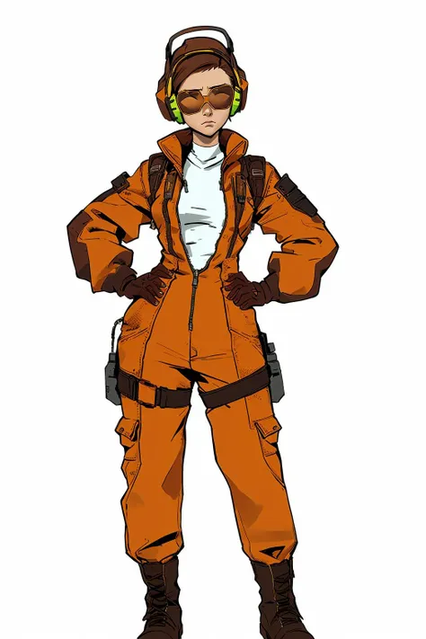 Post Apocalypse, Doomsday Wasteland Style, Concept Art, Figure Painting, 1 Girl, Solo, Brown Hair, Gloves, Boots, Full Body, Hands on Hips, Headphones, Standing, Tinted Glasses, Short Hair, Looking at the Audience, Goggles, Jumpsuit, Sunglasses, White Background, Simple Background,