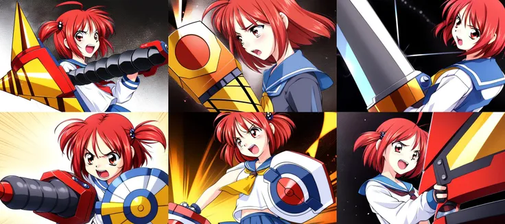 <lora:Megumi:0.9>  Megumi, 1girl, solo, school uniform, serafuku, red hair, red eyes, short hair, open mouth, shield, weapon, drill,