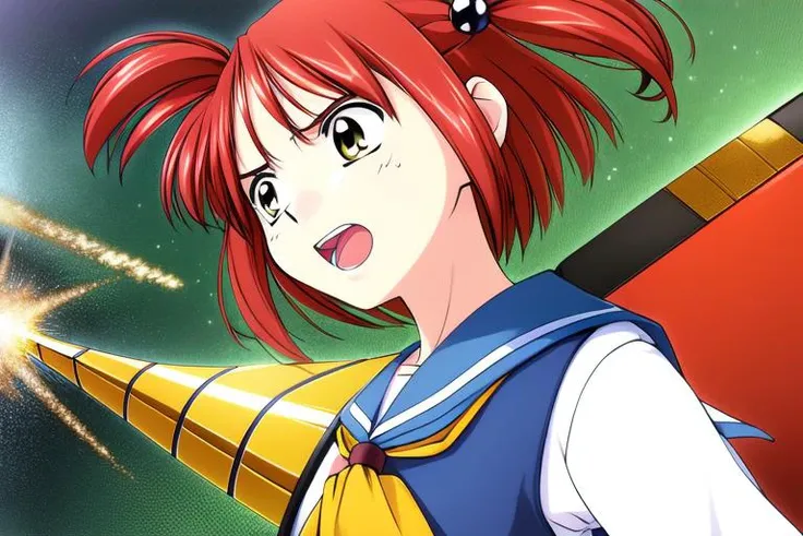 <lora:Megumi:1> Megumi, red hair, two side up, short hair, hair ornament, hair bobbles, 1girl, solo, firing, weapon, school uniform, parody, gun, serafuku, yellow eyes, open mouth