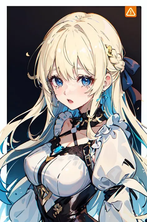 <lora:FLAGGED:0.7> Flagged for review, ultra detailed, masterpiece, best quality, solo, white and blue theme, blue clothes, (facing viewer,
straight-on, portrait:1.3),
1girl, very long hair, blonde hair, long blonde hair, french braid, bangs, medium breasts, crying with eyes open, open mouth, crying,
hair ribbon, frilled choker, criss-cross halter, sleeveless dress, high-waist skirt, backless dress, waist bow, detached sleeves, frilled sleeves, wide sleeves,