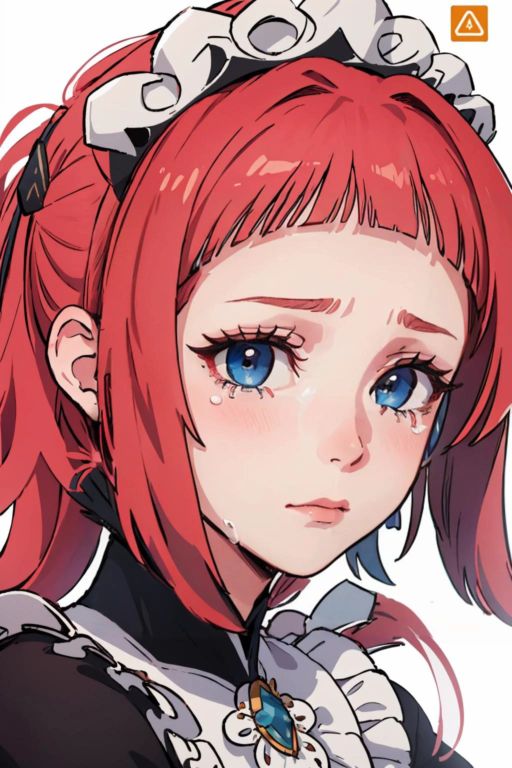masterpiece, best quality, <lora:FLAGGED:0.7> Flagged for review, simple background, white background <lora:felicia-fe-richy-v1:0.9> feliciadef, maid, maid headdress, black thighhighs, feliciapicnic, hairband, red thighhighs, portrait, close-up, head, crying, sad