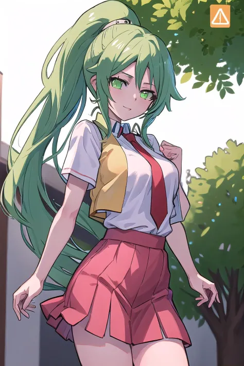 masterpiece, best quality, ultra-detailed, 1girl, Flagged for review, Mion Sonozaki, green hair, green eyes, ponytail,white shirt, red necktie, yellow vest, red skirt,