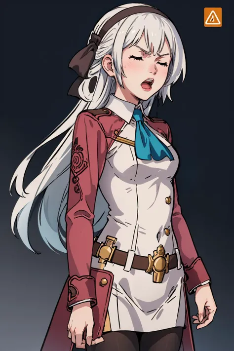 masterpiece, best quality, <lora:elie-nvwls-v2-zero:0.8> elie macdowell, hairband, blue ascot, hair ribbon, long sleeves, belt, pantyhose, white boots, upper body, closed eyes, furrowed brow, angry, yelling, screaming <lora:FLAGGED:0.7> Flagged for review, simple background, white background